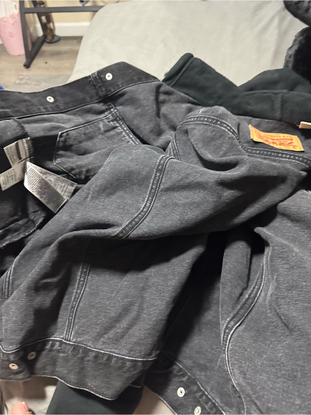 Levi's Black Denim Hooded Varsity Jacket with Black Sleeves - Picture 3 of 7